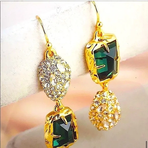 ALEXIS BITTAR Double Drop Mismatched Green Crystal Dangle Earrings - Picture 9 of 12
